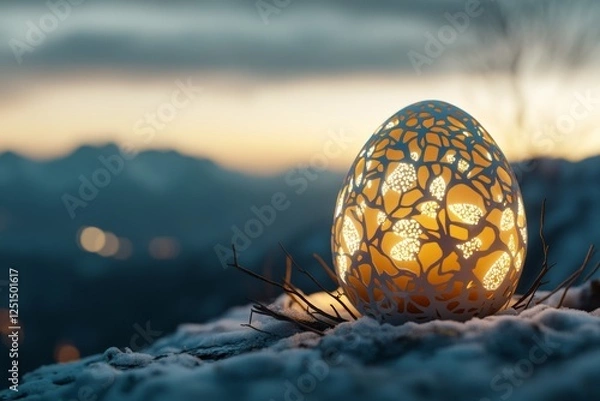 Fototapeta Decorative egg lantern glowing on snowy mountain peak during twilight with distant mountains and soft clouds in the background
