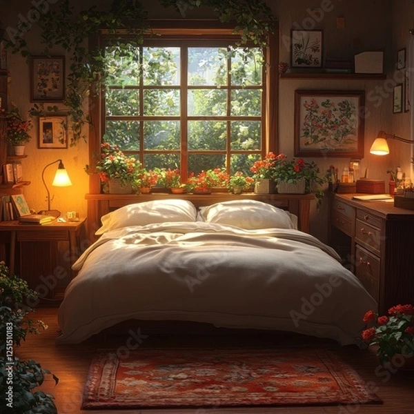 Fototapeta Cozy bedroom, morning sunlight, garden view, plants, relaxing