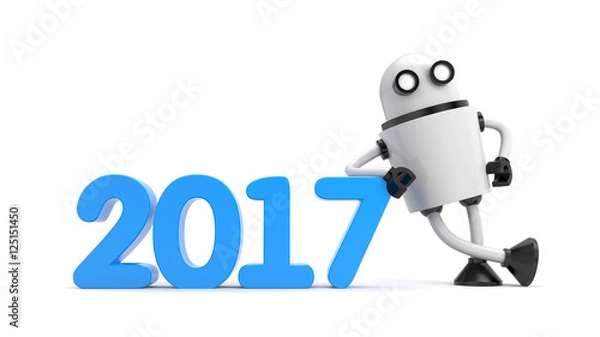 Fototapeta Robot leaning on 2017. 3d illustration