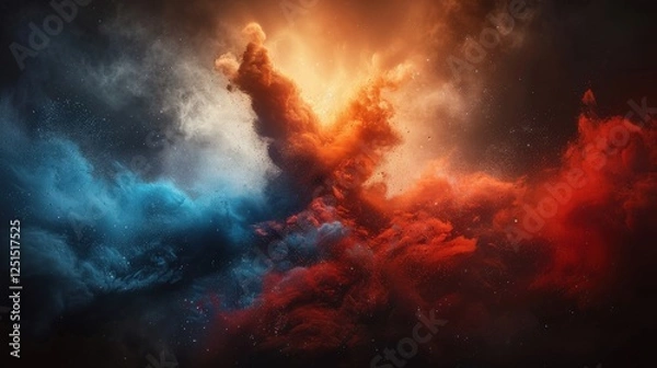 Obraz Explosive abstract composition with swirling clouds of orange and blue hues colliding in a dynamic display of particles and textures, symbolizing power, energy, and artistic expression...