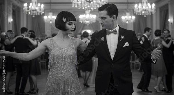 Obraz Partners wearing vintage 1920s outfits with small heart pins, dancing in a grand ballroom, black-and-white photo with a pop of red, cinematic style2