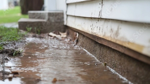 Fototapeta Heavy rain causes water to splash from a blocked gutter onto the ground and nearby steps