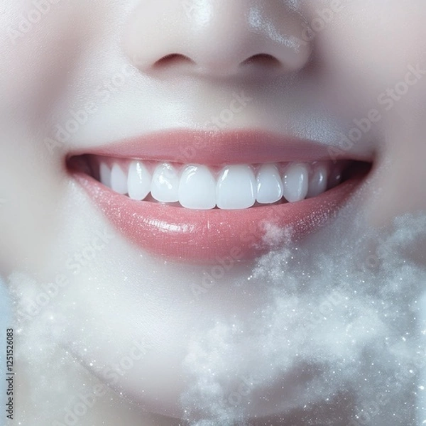 Fototapeta close up of smiling woman mouth with bright white teeth and soft pink lips, surrounded by misty effect, conveying freshness and cleanliness