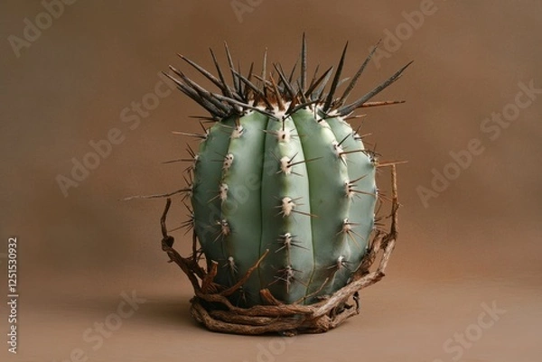 Obraz Single blue barrel cactus featuring long spines and dead roots