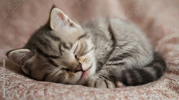 Fototapeta A cute, young tabby kitten with sweet little eyes is sleeping peacefully, relaxed and lying on a soft white bed
