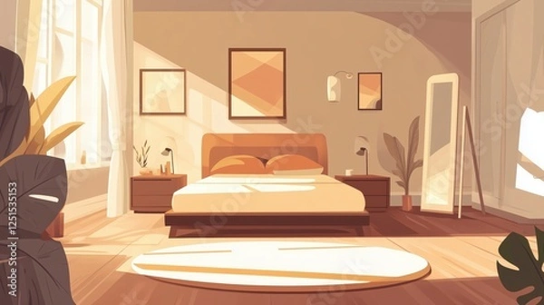 Obraz Modern bedroom interior with furniture. Empty bedroom concept. Flat illustration, graphic design. Family bedroom in light pastel color. Sun rays from the window