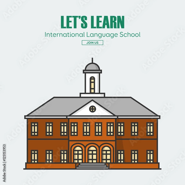 Obraz Modern public or private academy or university building, flat school building in big city. Education concept. Study place. Background for back to school poster, card, banner. Vector illustration.
