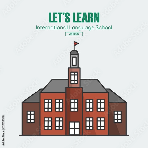 Obraz Modern public or private academy or university building, flat school building in big city. Education concept. Study place. Background for back to school poster, card, banner. Vector illustration.