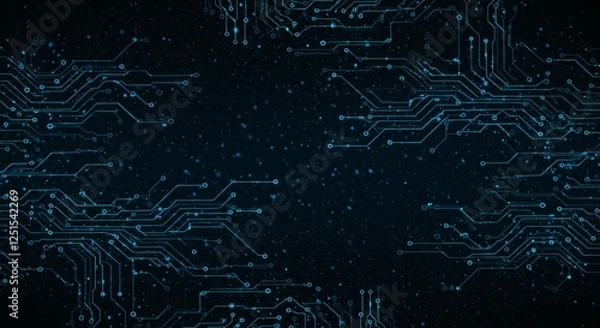 Fototapeta Abstract digital network circuit board background banner with glowing light and connecting data dots in blue and black colors. Big data technology concept.