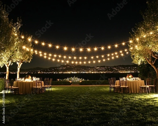 Fototapeta Outdoor night event with string lights and view