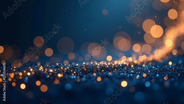 Fototapeta Elegant abstract background with dark blue and gold particles, Christmas golden light bokeh on navy blue, gold foil texture