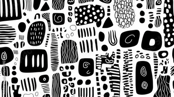 Fototapeta Seamless Doodle Pattern with Quirky Shapes in Monochrome for a Playful Artistic Vibe