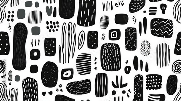 Fototapeta Seamless Doodle Pattern with Quirky Shapes in Monochrome for a Playful Artistic Vibe
