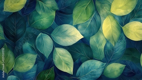 Fototapeta Seamless Organic Leaf Pattern in Soft Greens and Blue for a Natural Botanical Flow