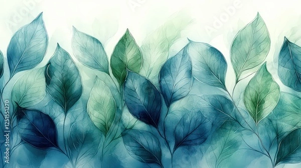 Fototapeta Seamless Organic Leaf Pattern in Soft Greens and Blue for a Natural Botanical Flow