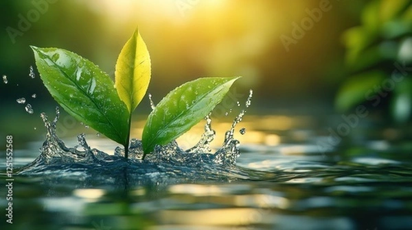 Obraz Sprout emerges, water splash, sunset, nature, growth