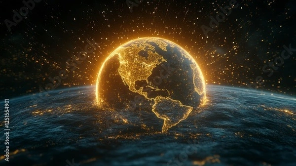 Fototapeta Glowing Golden Earth At Night Digital Rendering