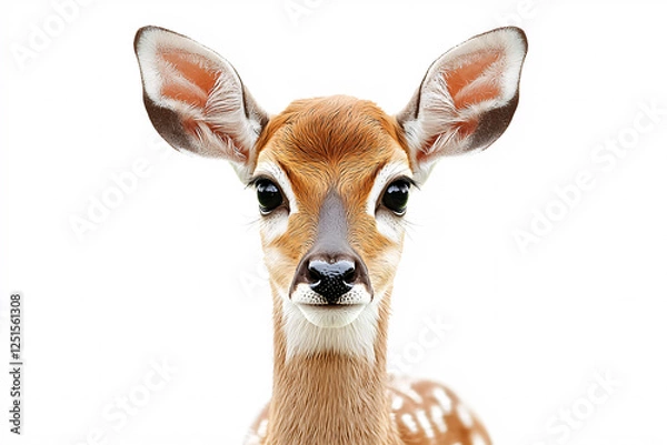 Fototapeta Close-up portrait of a fawn with large ears and big, curious eyes against a bright white background.