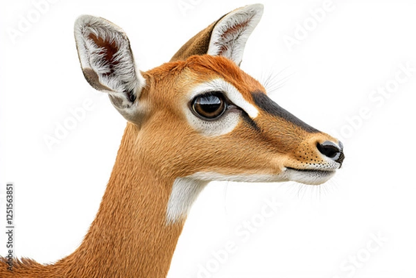 Fototapeta Close up of a Gerenuk antelope with brown fur and a long neck, set against a stark white background.