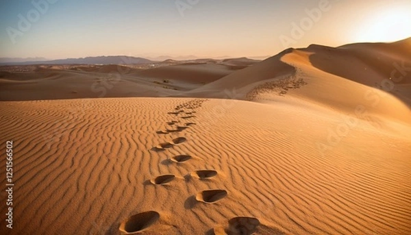 Fototapeta A minimalist conceptual photo depicting faint leopard paw prints gradually dissolving into the wind-swept sand, symbolizing the species' endangered status. The color palette is warm and muted