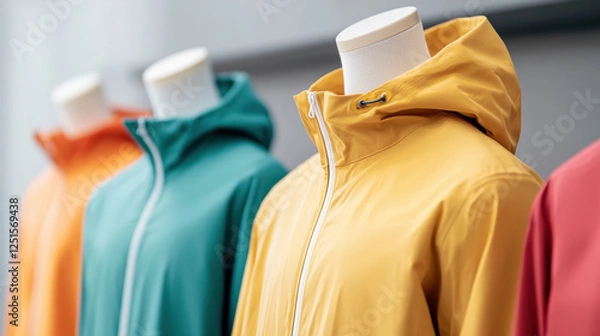 Fototapeta Colorful windbreakers displayed on mannequins in store