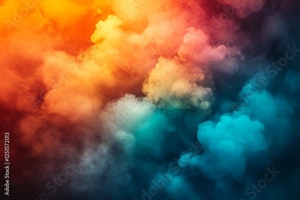 Fototapeta Colorful swirling smoke creating abstract shapes and textures, illuminated with vibrant orange and blue light