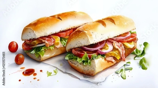 Fototapeta Two Watercolor Style Baguette Sandwiches With Bacon, Lettuce, Tomato, And Onion