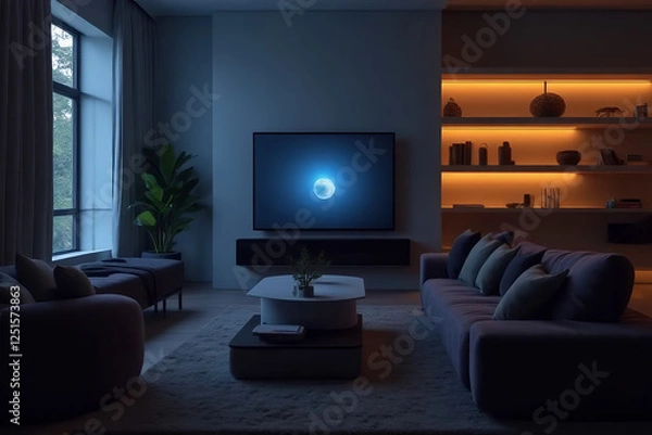 Fototapeta Modern living room with furniture, TV,  and sleek design in an apartment