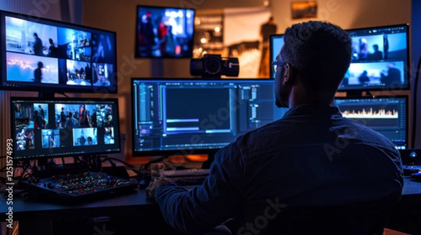 Fototapeta Video Editor Working on Multi-Screen Setup in Studio