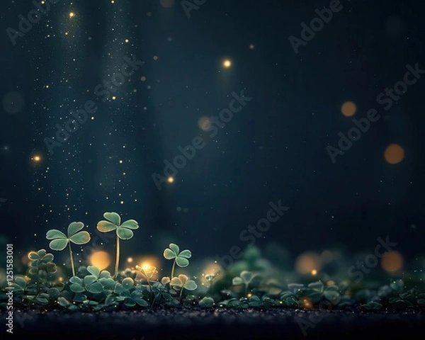 Fototapeta A magical night sky scene with glowing shamrocks, soft rainbows, and little stars, perfect for creating a calming bedtime atmosphere