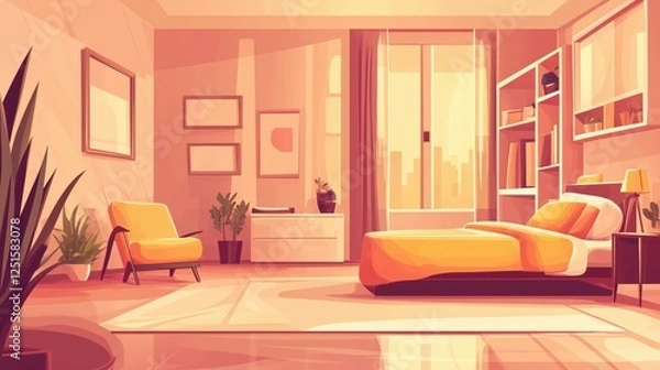 Obraz Modern bedroom interior with furniture. Empty bedroom concept. Flat illustration, graphic design. Family bedroom in light pastel color. Sun rays from the window