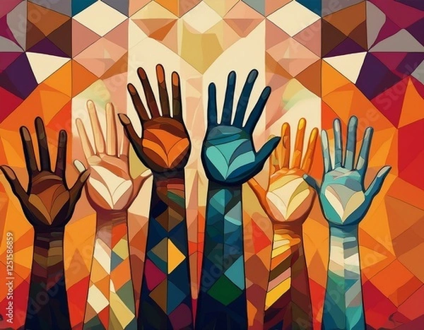 Fototapeta abstract geometric design featuring raised hands with diverse skin tones
