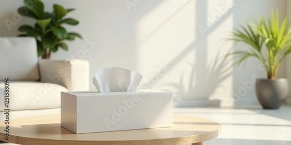 Fototapeta A clean white tissue box sits on a light wood table in a sunlit room, near a comfortable off-white couch and potted plants, creating a serene and calming atmosphere