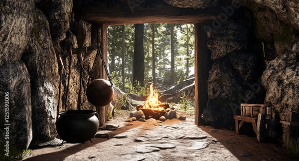 Obraz 3D Render Of A Neanderthal-Style Campsite Inside A Cave In A Natural Setting