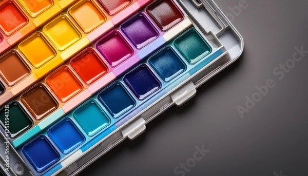 Fototapeta colorful watercolor palettes arranged artistically for mixing vibrant paint hues on a sleek grey background showcasing artistic creativity