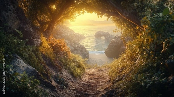 Obraz A hidden coastal trail bathed in soft golden light, winding through a rocky archway and surrounded by lush greenery.