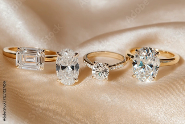 Obraz Engagement rings showcasing sparkling diamonds on silky fabric, perfect for romantic inspiration. Elegant diamond rings displayed on luxurious satin. Different diamond cuts for engagement ring