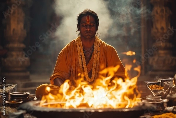 Fototapeta Man dressed in traditional Indian clothing with closed eyes sits in front of a bowl of fire, a necklace of Marigold hanging on him. Concept Maha Shivaratri holiday, Hindu festival, Havan