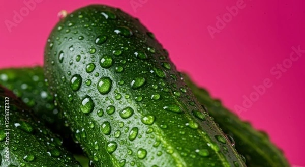 Fototapeta Close-up of fresh green cucumbers with water droplets on pink background