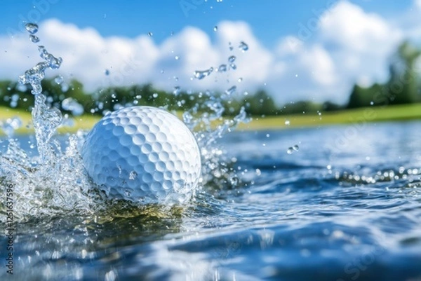 Obraz Vibrant Splash of a Golf Ball Landing in a Reflective Pond Under Bright Midday Light Captured in Mid-Air with Water Droplets Forming Artistic Patterns
