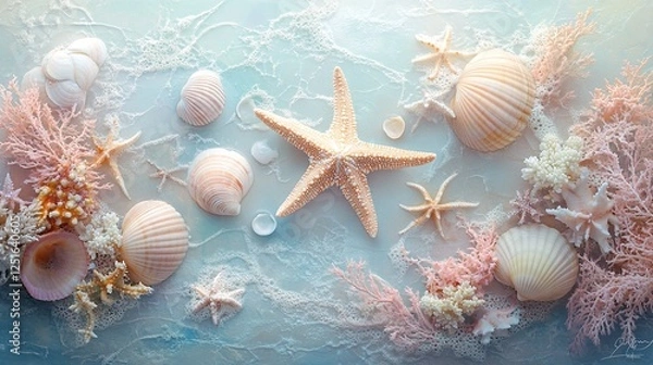 Fototapeta seashells and starfish on the beach.