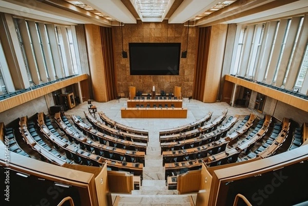 Fototapeta Interior views of parliamentary halls and state houses, symbolizing political decision-making spaces. AI generated image