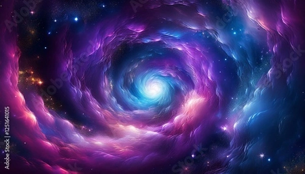 Fototapeta Cosmic Vortex: A mesmerizing swirl of vibrant purple and blue nebula clouds creates a captivating cosmic vortex, leading to a bright central light, evoking a sense of wonder and mystery.