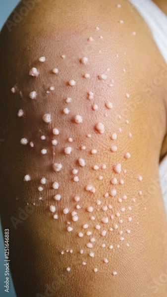 Fototapeta Close-up of skin with multiple small, pale bumps, possibly indicating a skin condition requiring medical attention.