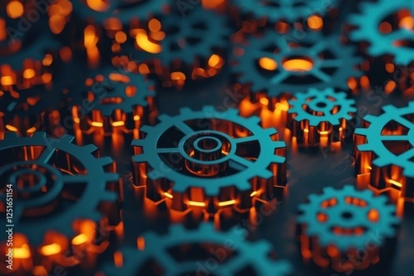Fototapeta Mechanical gears turning in synergy industrial workshop digital art high-tech environment close-up view innovation concept