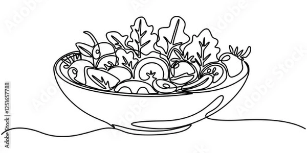Obraz vegetables salad on bowl continuous one line drawing, Single one line drawing Fresh vegetable salad in bowl. Breakfast Concept. Continuous line draw design graphic vector illustration, one continuous.