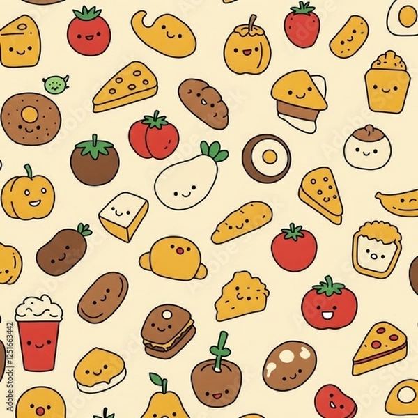 Fototapeta Illustrated Pattern Animals, Doodle, Food