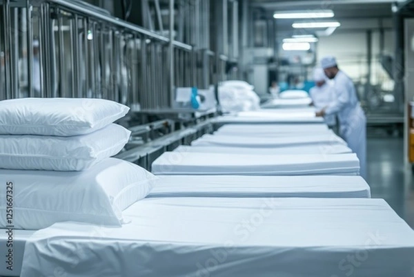 Fototapeta Close-up view of white pillows on a mechanized conveyor belt system within a large, modern laundry or textile processing facility.
