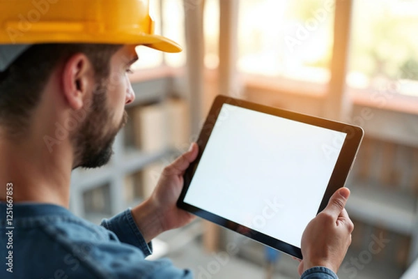 Fototapeta Construction worker engineer holding a tablet with a blank empty screen for mockup ui