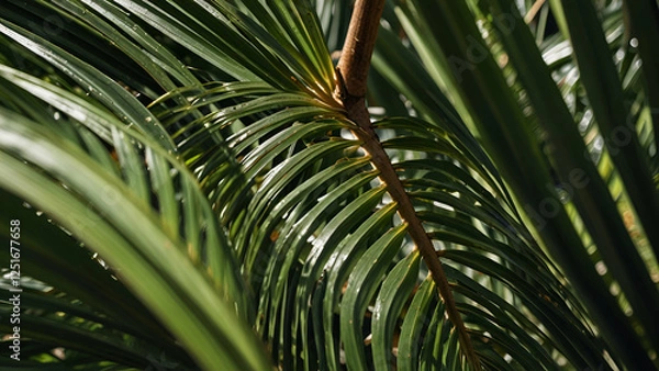 Fototapeta Close up of tropical palm tree fronds with vibrant green colors and bright natural lighting